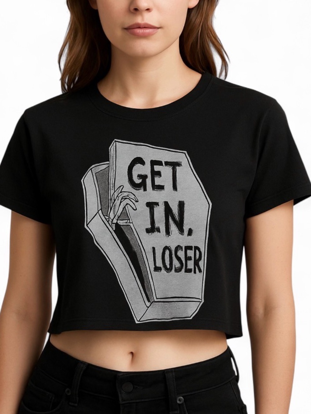 Black Crop Top “Get In, Loser” with Coffin Design